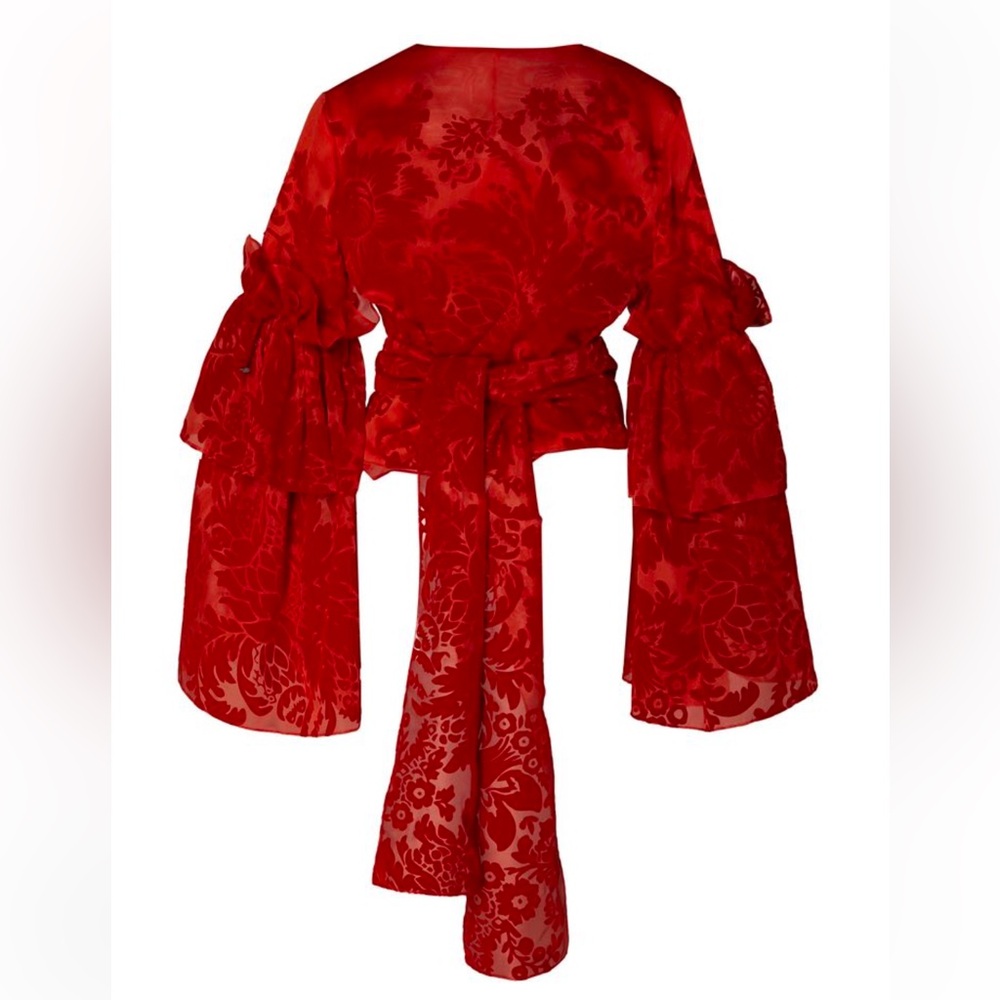 NWT Rosie Assoulin red burnt out shirt with bow.